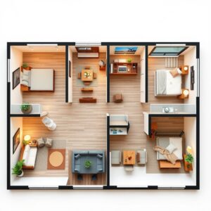 A harmonious public housing renovation floor plan, detailed architectural design, showing a spacious living area with modern furniture, sleek kitchen, and cozy bedrooms, highlighting efficient space usage, masterpiece, best quality, 4k, architectural illustration, precise lines, best lighting, depth of field, detailed layout, detailed environment.