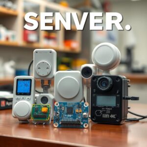 Positive Prompt: A collection of sensors including a temperature and humidity sensor, a door magnetic sensor, a camera, and a weight sensor, displayed on a table, each device with detailed features and components, masterpiece, best quality, 4k, illustration style, best lighting, depth of field, intricate details, laboratory environment.